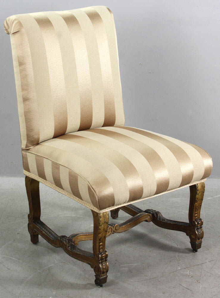 Late 18th/early 19th century French Empire-style slipper chair with giltwood base, 35" H x 21 1/2" W