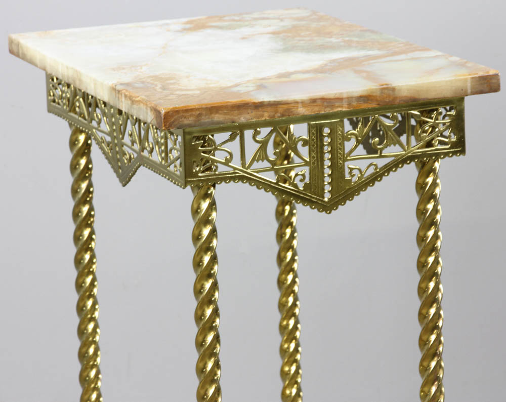19th century French two-tiered stand, brass with marble top, 29 1/2" H x 20" W x 14 1/2" D. - Image 5 of 7