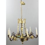 French Empire-style Charles X bronze and gilt brass chandelier. Provenance: Palm Beach, Florida