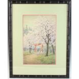 Signed S. Ishida (Shigesaburo Ishida, 1888-1960), mother and child under flowering cherry trees,