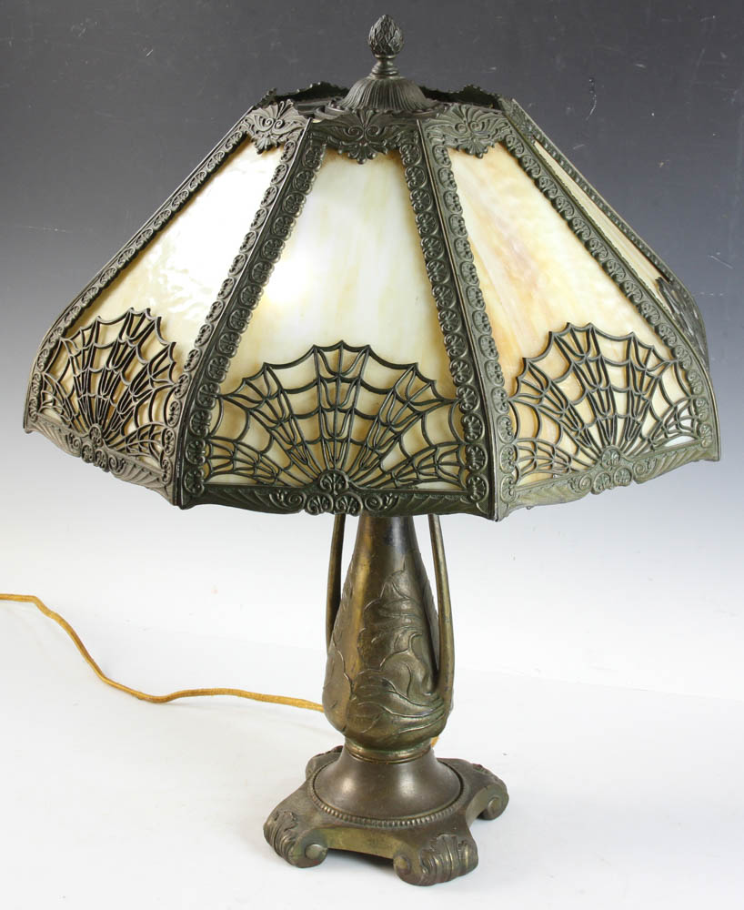 Slag glass lamp, 22 3/4" H x 19" diameter. Provenance: Wilmington, Massachusetts estate. - Image 2 of 5