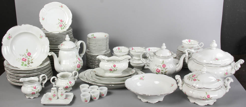 Hutschenreuther porcelain service for twelve, with extras, 'Noblesse' form with pink roses, to