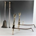 Set of 19th century Chippendale-style fireplace andirons and tools, 19" H x 12" W x 22" D.