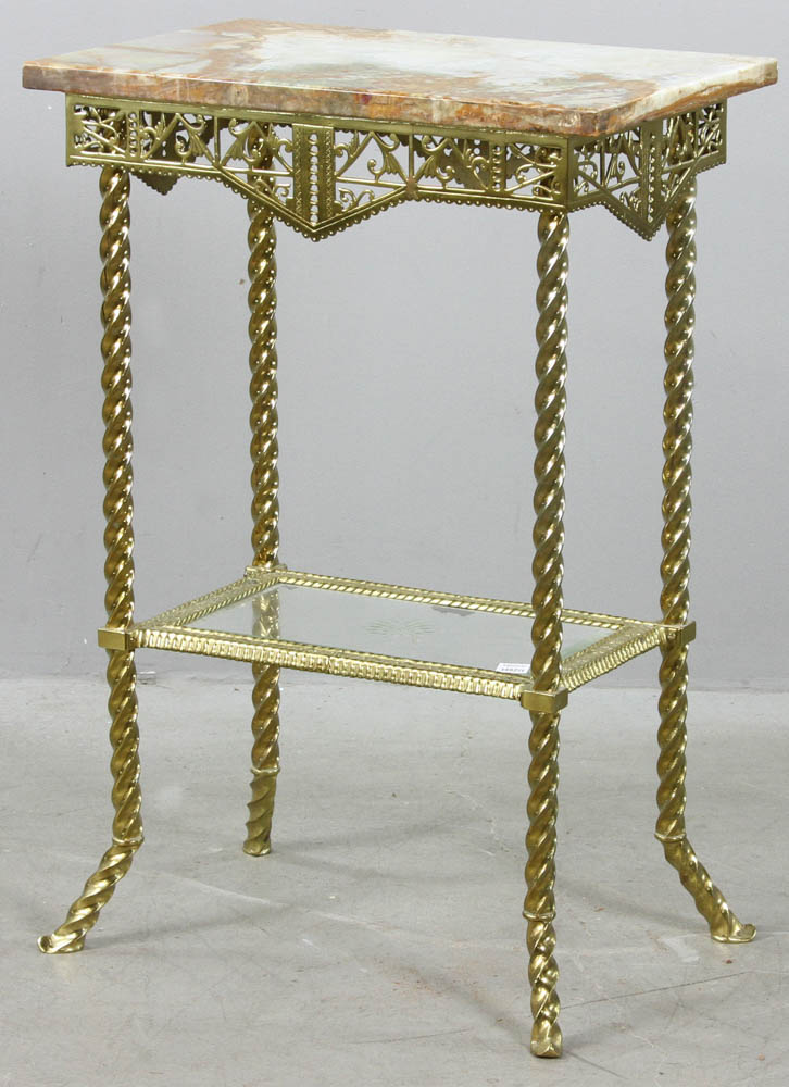 19th century French two-tiered stand, brass with marble top, 29 1/2" H x 20" W x 14 1/2" D.