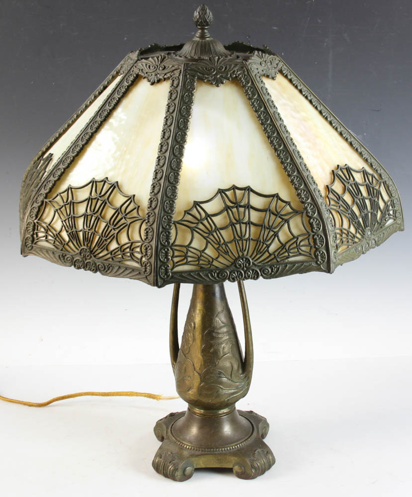 Slag glass lamp, 22 3/4" H x 19" diameter. Provenance: Wilmington, Massachusetts estate.