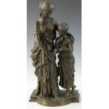 Moreau signed bronze sculpture of a mother reading to her daughter, 19 1/2" H x 9" W x 6" D.