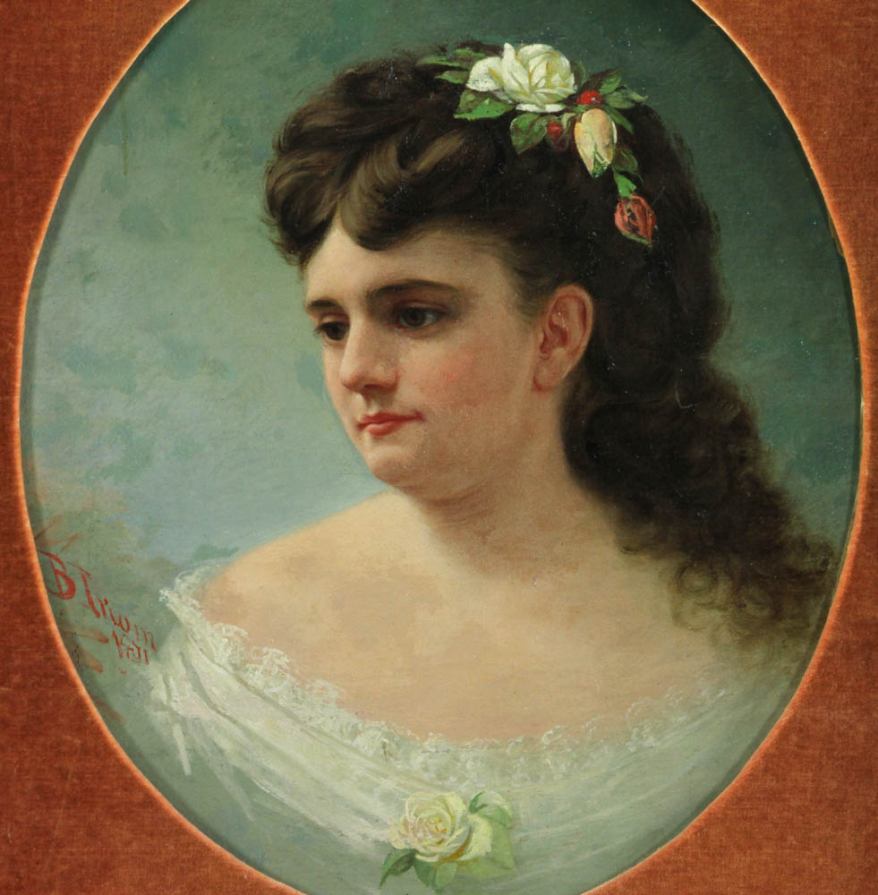 Benoni Irwin (American, 1840-1896), potrait of a lady, oil on canvas, signed L/L, oval format, 20 - Image 2 of 6