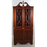 Early 20th century mahogany Hepplewhite corner cupboard having substantial inlay, 81 1/2" H x 37"