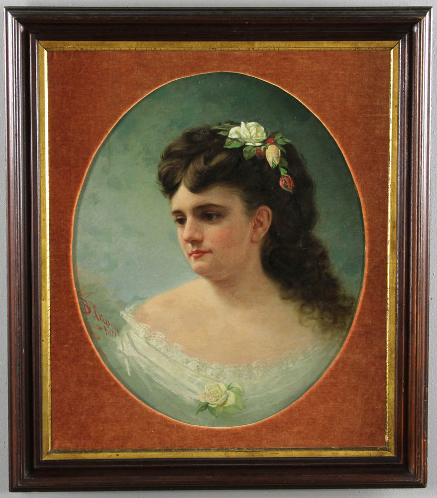 Benoni Irwin (American, 1840-1896), potrait of a lady, oil on canvas, signed L/L, oval format, 20