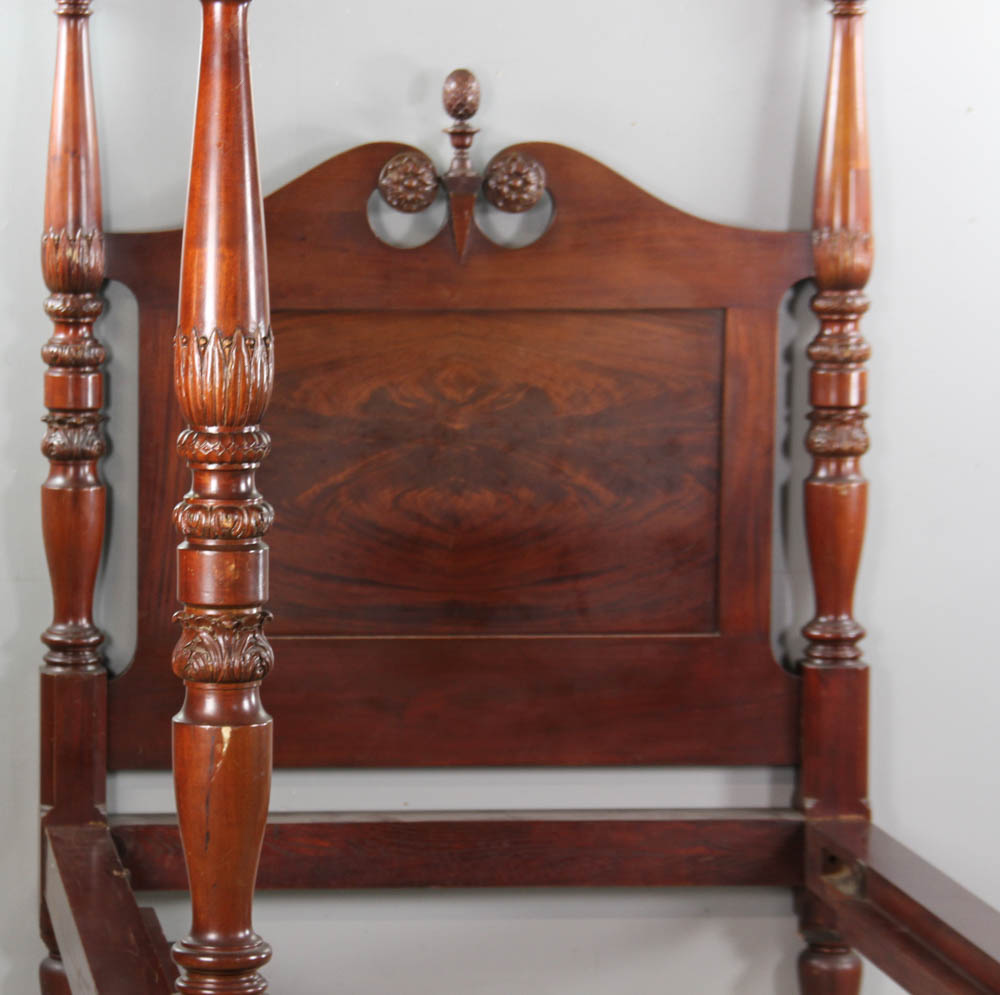 19th century mahogany four-poster bed with pineapple finials, 67 1/2" H x 84" L x 47" W. Provenance: - Image 2 of 5