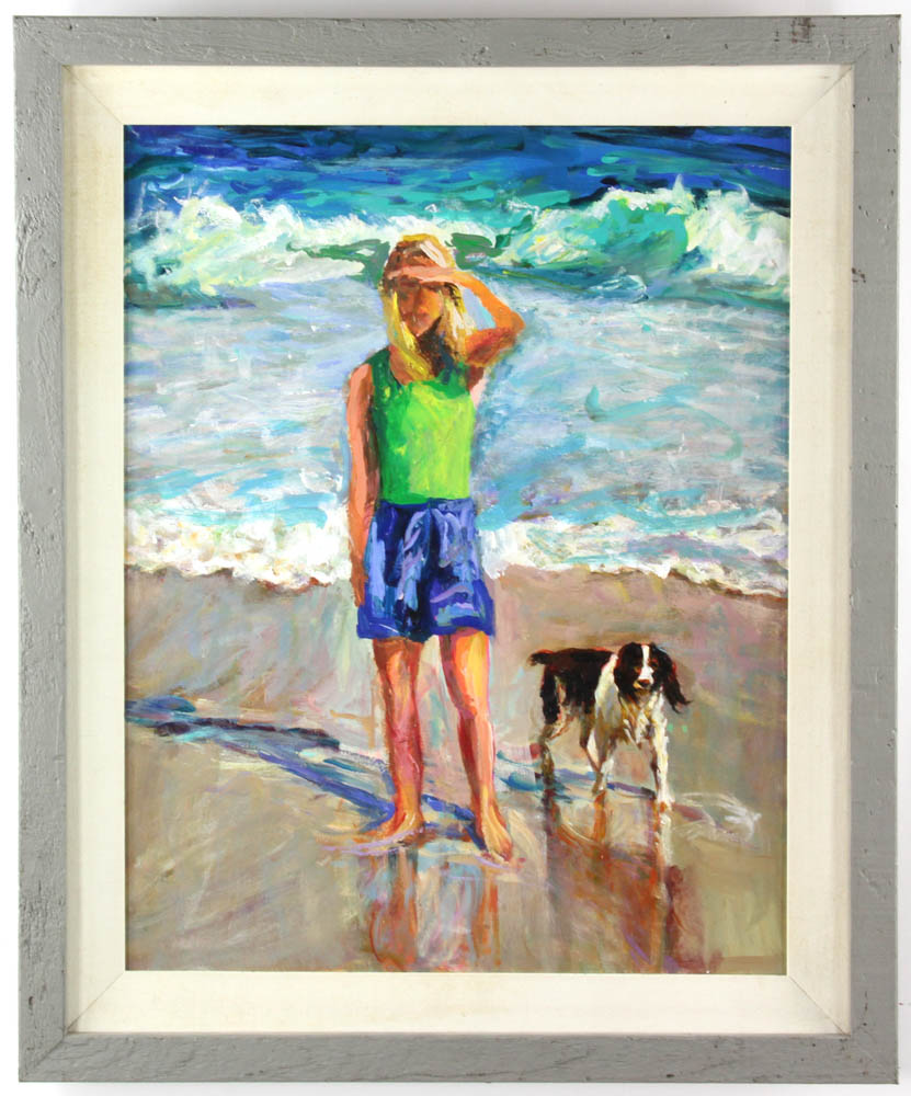 Cheryl Forman, girl and dog on the beach, oil on canvas, signed. Provenance: Lake Park, Florida