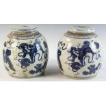 Pair of antique Chinese blue and white covered ginger jars having foo dog design, 10" x 9".