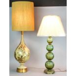 Two large mid-century table lamps, including: green glass lamp, five-tiered, labeled 'Made in