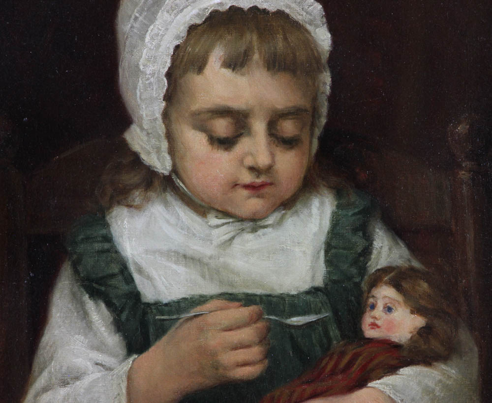 Benoni Irwin (American, 1840-1896), potrait of a young girl with her doll, oil on canvas, signed and - Image 3 of 5