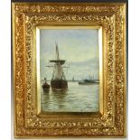 E. Fletcher, view of harbor in London, oil on canvas, in original frame 22" x 10". Provenance: North
