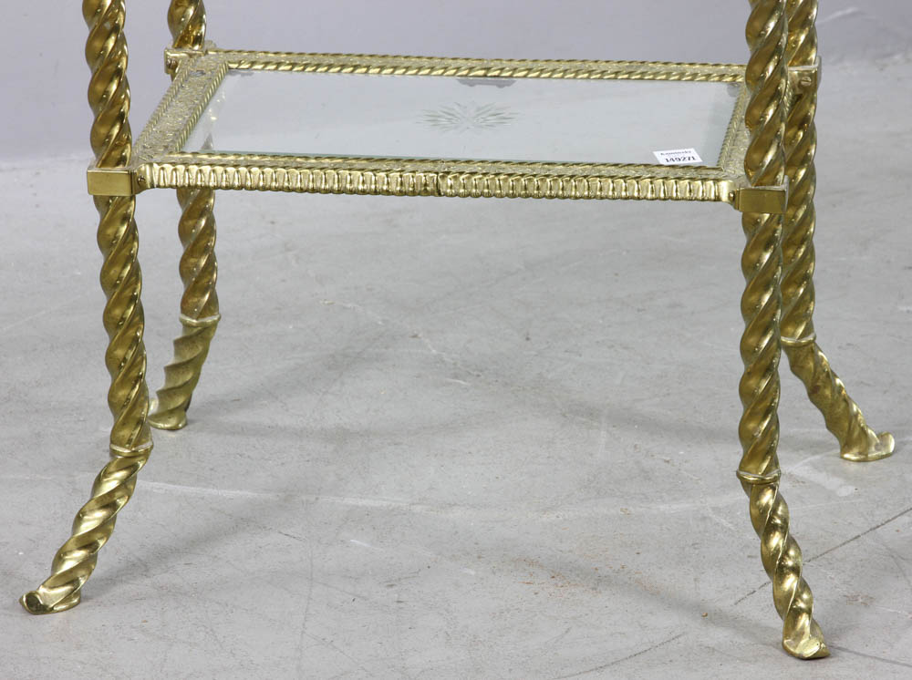 19th century French two-tiered stand, brass with marble top, 29 1/2" H x 20" W x 14 1/2" D. - Image 4 of 7