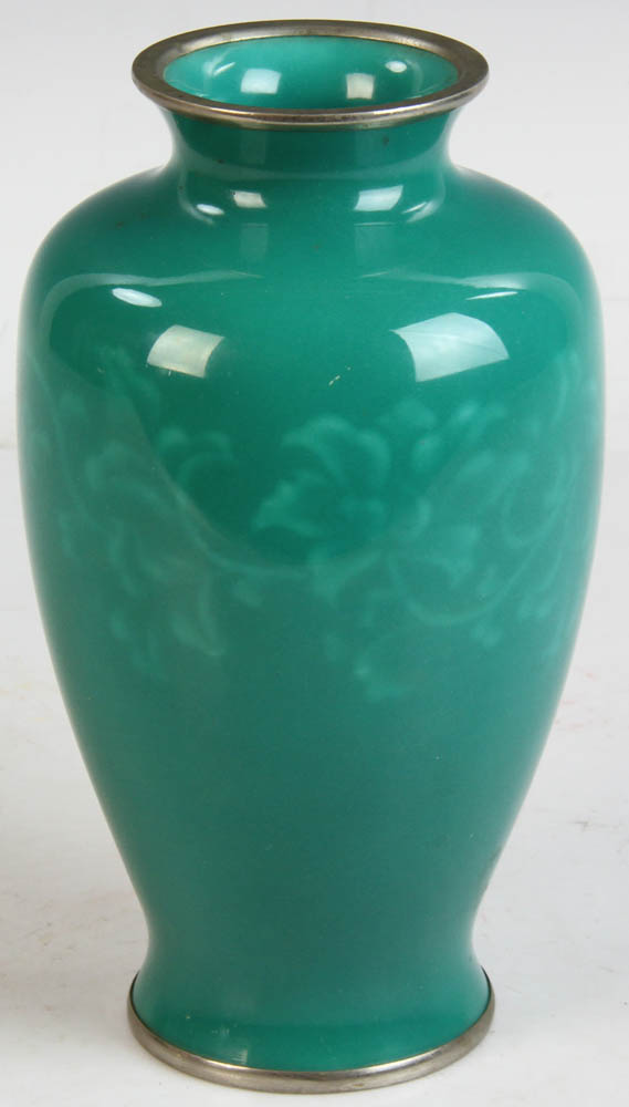 Early 20th century Japanese enamel on silver vase, silver base. Ando Jubei mark on base. 7 1/2" H.