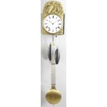 19th century French embossed brass wall clock with weights, 54" x 11". Provenance: Hingham,