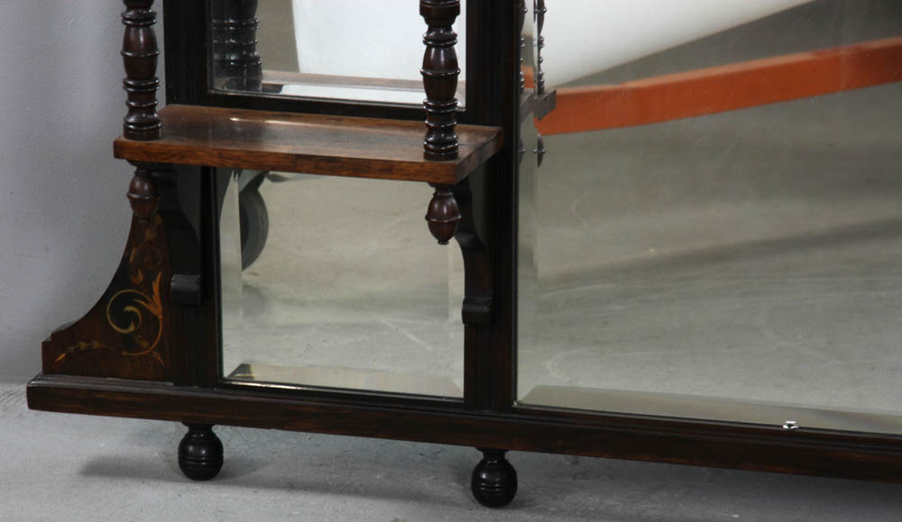 English Edwardian inlaid wall shelf with beveled glass mirrors, 48" x 44". Provenance: Hingham, - Image 5 of 6