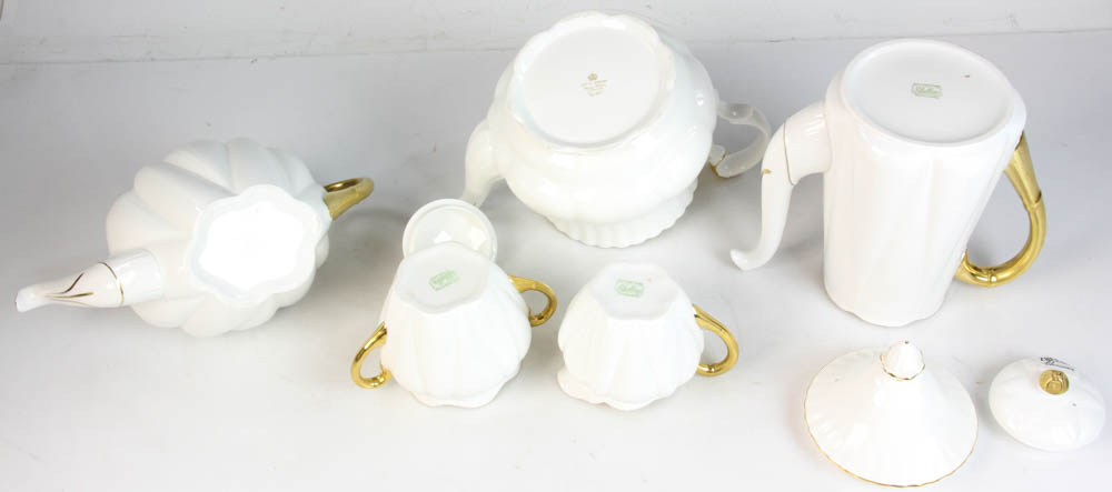 English Shelley tea set, ivory color with gold rim, with a Royal Albert teapot. Five (5) pieces - Image 4 of 6