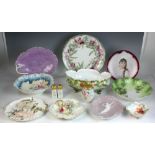 Group of French Limoges and German handpainted china plates, bowls, salt and pepper, etc., twelve (