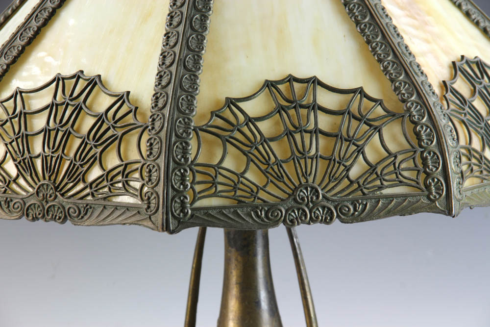 Slag glass lamp, 22 3/4" H x 19" diameter. Provenance: Wilmington, Massachusetts estate. - Image 3 of 5