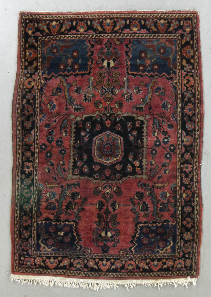 Antique Persian Sarouk rug, 3' 5" x 4' 10". Provenance: Wakefield, Massachusetts estate.