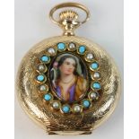 14k yellow gold Elgin pocket watch set with handpainted porcelain, seed pearls, and turquoise,