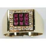 14k yellow gold diamond and ruby men's ring with eighteen (18) round diamonds and nine (9) square