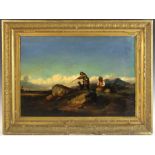 Early 19th century oil on canvas of three hunters with dog, signed and dated, 18" x 25 1/2", frame