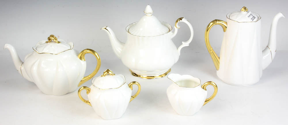 English Shelley tea set, ivory color with gold rim, with a Royal Albert teapot. Five (5) pieces - Image 3 of 6