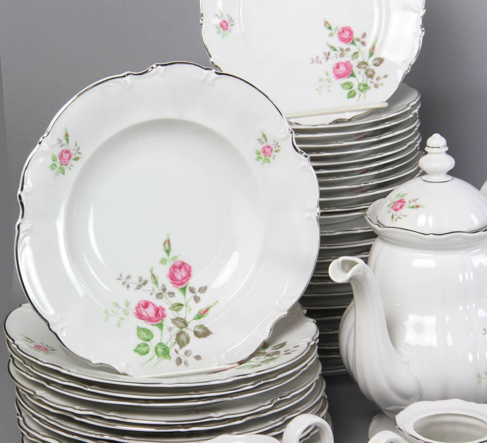 Hutschenreuther porcelain service for twelve, with extras, 'Noblesse' form with pink roses, to - Image 2 of 9