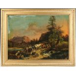 19th century panoramic landscape with farmers and cows, dogs, oil on canvasboard, 17 3/4" x 23 3/4",