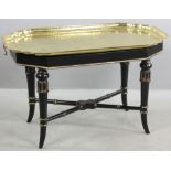 Continental-style brass tray-top table. Measurements including tray: 18 3/4" H x 30 3/4" W x 17"