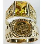 Two 14k yellow gold men's rings, including: one set with Mexican two-pesos gold coin; one with