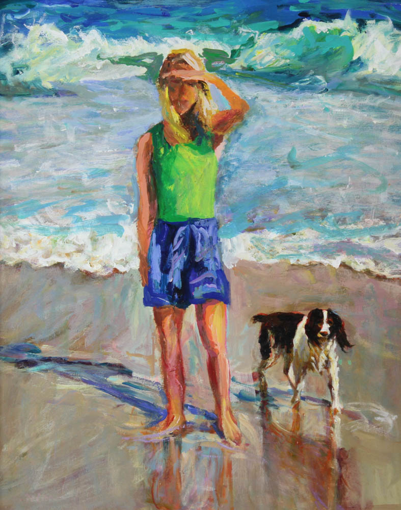 Cheryl Forman, girl and dog on the beach, oil on canvas, signed. Provenance: Lake Park, Florida - Image 2 of 5