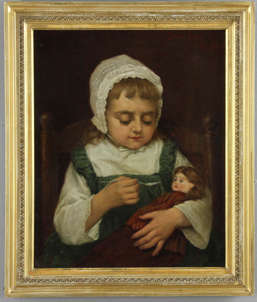 Benoni Irwin (American, 1840-1896), potrait of a young girl with her doll, oil on canvas, signed and