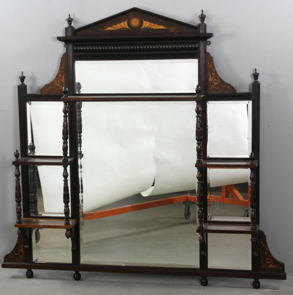 English Edwardian inlaid wall shelf with beveled glass mirrors, 48" x 44". Provenance: Hingham,