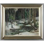Aldro Hibbard, winter in vermont, oil on canvas board, signed, 17" x 20 3/4", framed 21" x 25".