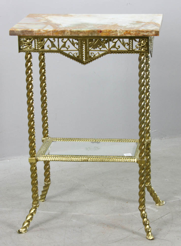19th century French two-tiered stand, brass with marble top, 29 1/2" H x 20" W x 14 1/2" D. - Image 2 of 7