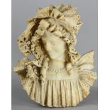 Italian alabaster bust of lady in lacy headdress, signed Ceaser Scheggi, Florence, 19" H x 16" W.,