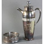 Pairpoint silverplated cocktail shaker with Art Deco frieze, presented June, 1928, to Yawl Vagrant