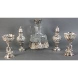 Group of three items to include: continental Dutch/German silver etched glass sherry jug; pair of
