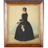 19th century gouache on paper, standing profile portrait of a woman holding a book, signed L/R