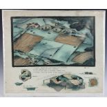 Robert Riggs (1896-1970), landscape with hangar, arial pictorial view, watercolor illustration on