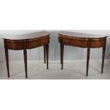 Pair of Joseph Gerte mahogany servers with banded inlay, 33 3/8" H x 45 1/4" W x 17 3/4" D.