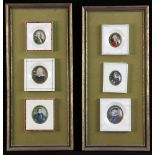 Pair of framed pieces, 21" x 9 1/2", each with three (3) individually framed portrait miniatures