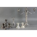 Sterling pieces to include: bud vase, 5 1/2"; candelabra, 12" H; three (3) pair of weighted