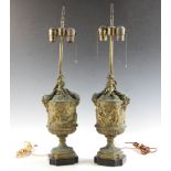 Pair of French bronze figural lamps on black marble bases, 28" x 7". Provenance: Beverly,