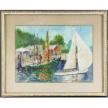 Sailboats in harbor, watercolor, signed indistinctly lower left, 11 5/8" x 15 1/2" (view), frame